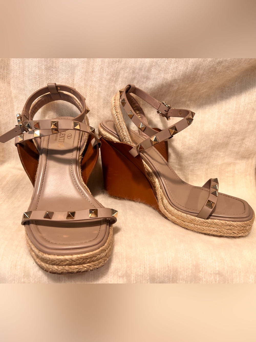 Valentino Brown Leather and Taupe Studded Espadrille Wedges - Picture 6 of 6